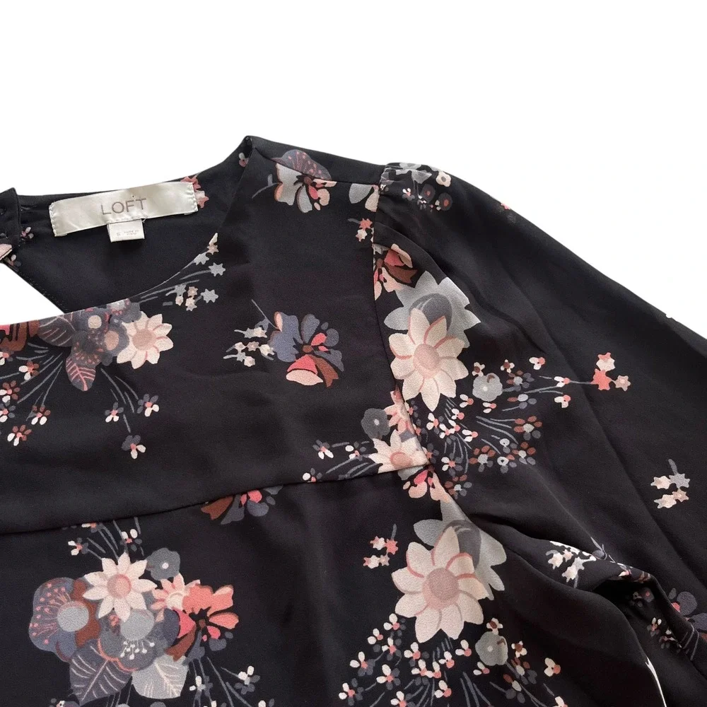 LOFT Women's S Black Pink Floral Bouquet Long Sleeve Cutout Casual Career Blouse